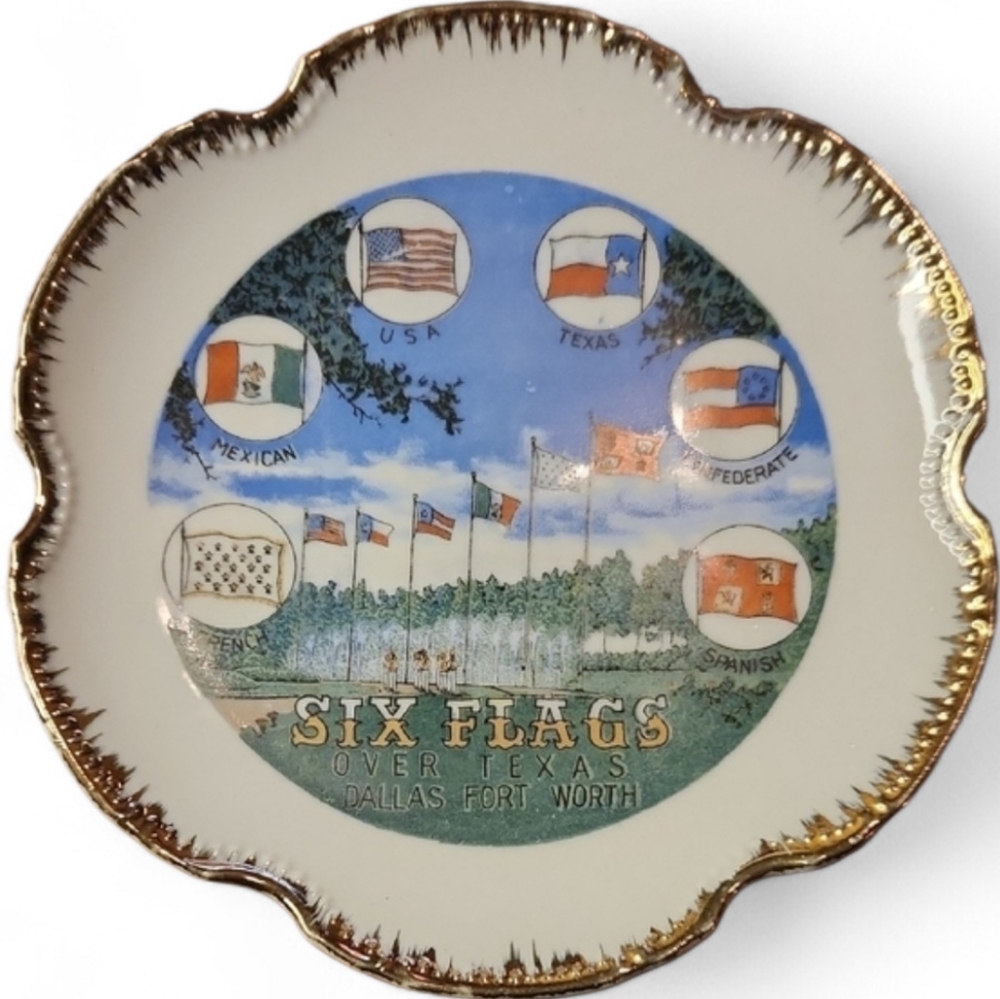 Vintage Six Flags Over Texas Decorative Plate – Gold Trim